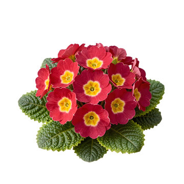 Close up shot of red primrose flowers in full bloom on white background