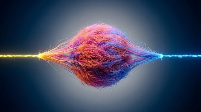 Abstract sphere of colorful, fuzzy fibers with glowing yellow and blue light streams converging and diverging, representing energy, connection, and data transfer.