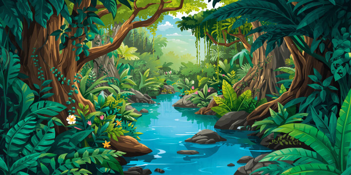 Lush Tropical Jungle River with Dense Green Foliage and Sunlight Illustration