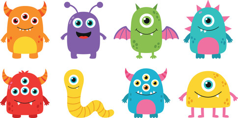 Fototapeta premium Funny Cartoon Monster Set with Colorful Fantasy Creatures Cute Characters for Kids Games Stickers and Playful Mascot Vector Illustration Design.