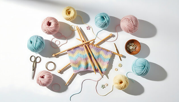 Aesthetic flat lay of colorful yarn balls and knitting needles on white. Professional knitting tools, scissors, and wooden buttons are artistically placed on a clean white surface with soft shadows.