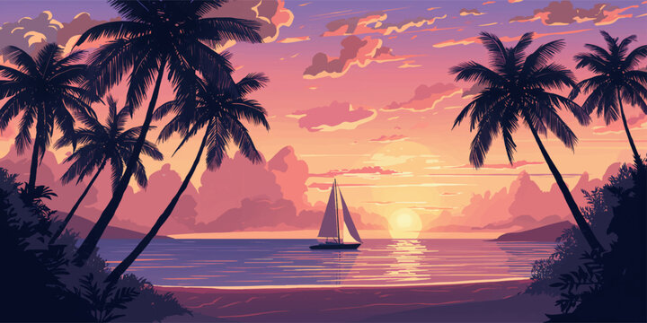 Tropical Sunset Beach with Palm Trees and Sailing Boat Silhouette Illustration