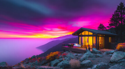 Modern cabin with bright interior light at sunset overlooking vast landscape and colorful sky