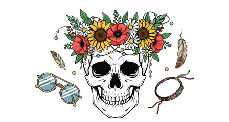 Fototapeta premium Skull with Floral Crown and Bohemian Accessories Illustration
