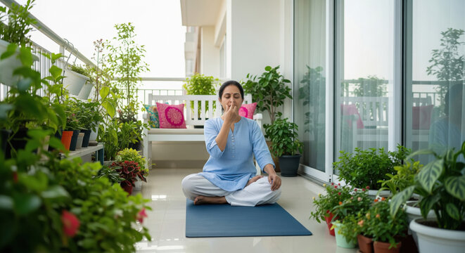 Woman practicing pranayama on balcony surrounded by green plants
