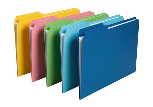 Colorful file folders in various shades, isolated on transparent background