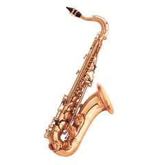 Naklejka premium Watercolor illustration of a golden saxophone on a white background for music-themed designs