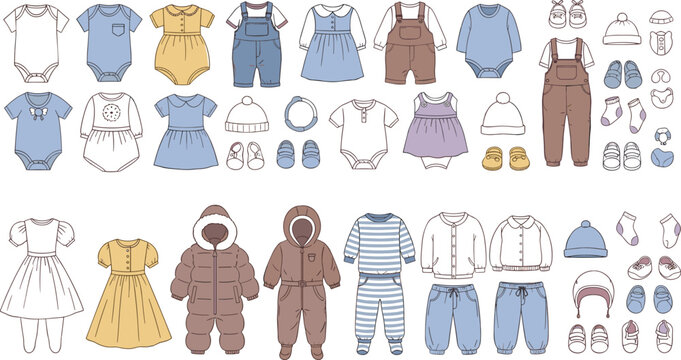 Baby clothes collection with bodysuits, dresses, overalls, hats and accessories for newborn wardrobe flat vector illustration set