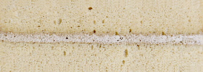 Close-up texture of fluffy sponge cake with a creamy middle layer. Soft yellow chiffon cake pattern...