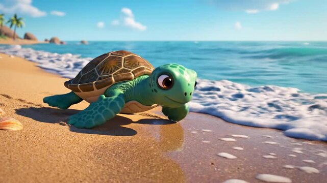 3D illustration of a cute green baby sea turtle crawling on a tropical sandy beach toward the blue ocean waves under a sunny sky with palm trees and seashells.