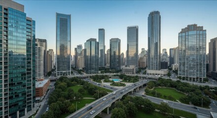 Fototapeta premium Metropolitan cityscape featuring towering skyscrapers and park