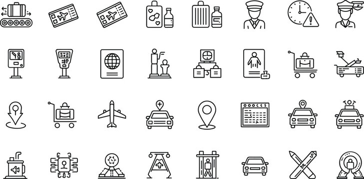 Airport travel and transportation security icon set with passport boarding taxi airplane baggage customs checkpoint and passenger service symbols collection