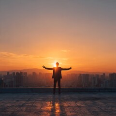 Fototapeta premium Successful businessman standing on rooftop at sunrise with arms raised celebrating achievement