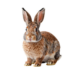 Obraz premium Fluffy brown bunny sits on white background looking at the camera