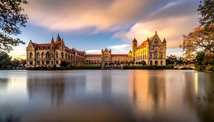 Obraz premium Stunning architectural vista of an old building complex mirroring on calm water under a vibrant sunset
