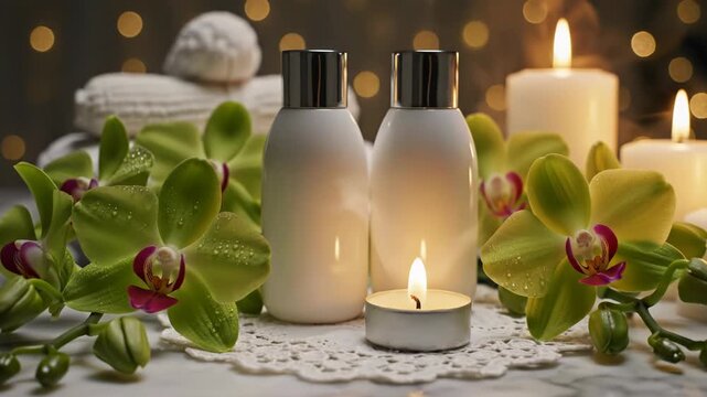 Two white cosmetic bottles with silver lids on a lace doily surrounded by green orchids with water droplets, lit tealight, and pillar candles against a warm bokeh background.