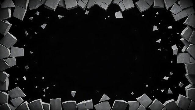 sedition. Shattered frame border with fragments dispersing on dark background, breaking constraints concept. wellbeing guides.