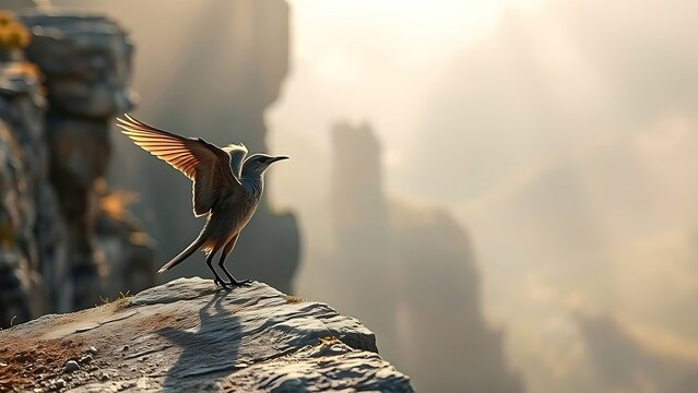 successor. A young bird flaps its wings at a misty cliff edge. wildlife magazines, conservation campaigns, designed for wildlife conservation campaigns, supports conservation.