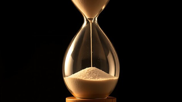 reactivity. Hourglass with sand nearly all in the bottom bulb, warm dramatic lighting. wellbeing guides, coaching materials, designed for mental health education and mindfulness programs.