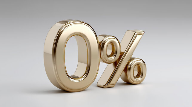 Golden zero percent interest symbol isolated on minimal light background for banking promotion discount marketing and finance concept