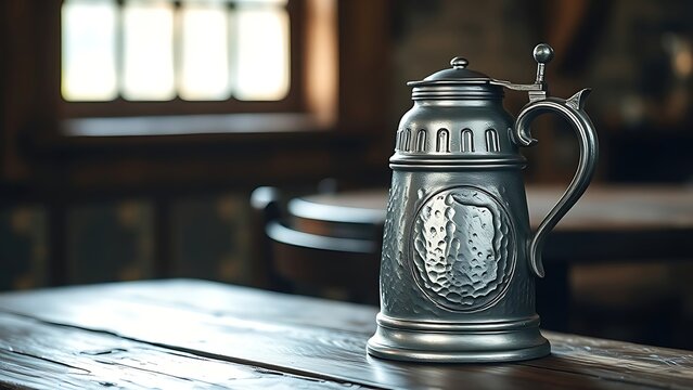 flagon. Medieval pewter flagon with hammered texture on rustic wooden tavern table. bar promotions, beverage menus, designed for food & beverage menus and cafe branding, used by project managers.