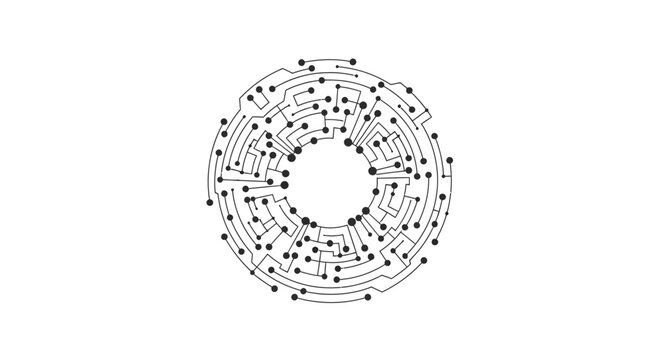Abstract circular network of black lines and nodes on a white background