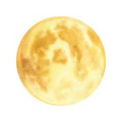 Watercolor Flower moon illustration on isolated background. Stylized full moon of May in floral yellow hues with brush textures. Symbol peak of spring and blooming gardens for botanical designs. © Masha_tolk_art