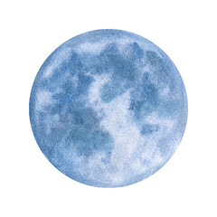 Watercolor Blue moon illustration on isolated background. Stylized full moon of May in soft azure and cobalt tones with brush textures. Hand painted astrology circle for lunar magic designs, blogs. © Masha_tolk_art