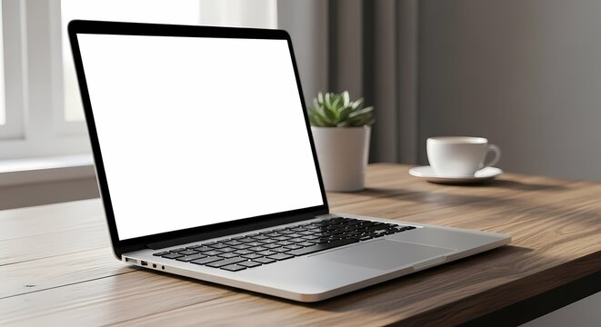 Laptop workspace with coffee cup aesthetic setup