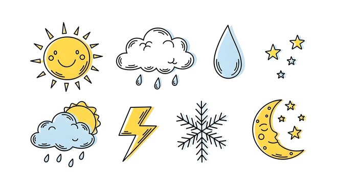 Charming set of hand-drawn weather icons, depicting diverse atmospheric conditions like sunshine, rain, clouds, storms, snow, and moon phases for graphic design