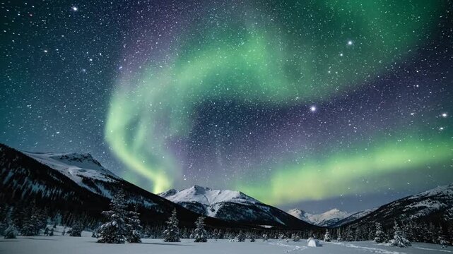 Vibrant green and purple swirling aurora borealis dancing across a clear midnight sky filled with stars, captured in a time-lapse celestial display of northern lights.