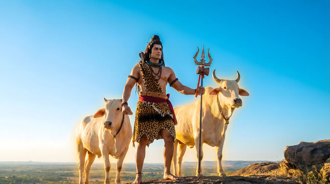Shiva ascetic cows trishul sky tribal natural divine illustration background wallpaper design