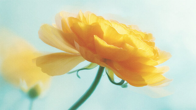 Soft blurred Y2K peach ranunculus petal vintage background. Delicate bloom in warm pastel tones with dreamy light leak and soft focus creating a calm, romantic and aesthetic atmosphere.