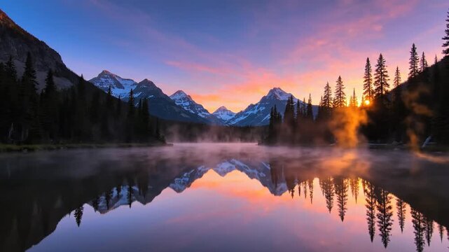 A wide shot of a calm mountain lake at dusk with evergreen pine trees in the foreground and a mountain range in the background reflecting in the still water during twilight.
