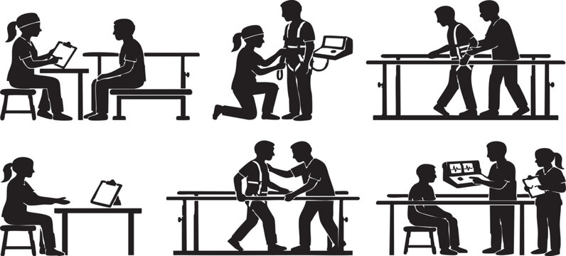 Physical Therapy Gait Training with Parallel Bars Vector Silhouette Set; Rehabilitation Process from Assessment to Progress Review Icons