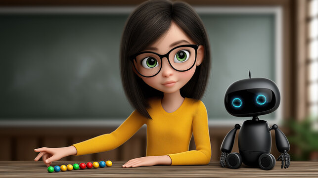 Female teacher teaching math with educational robot and colorful counting beads modern STEM classroom concept