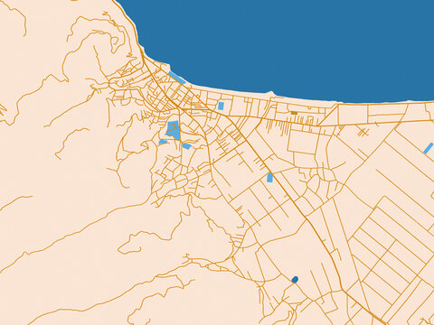 Street network map of Pogradec, Albania, mustard-gold streets on cream