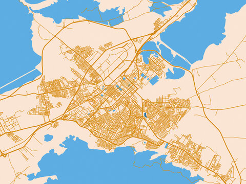Street network map of Batna, Algeria, gold and blue map palette