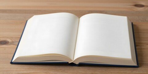 Fototapeta premium Blank pages of an open hardcover book invite creativity and inspiration on a wooden table