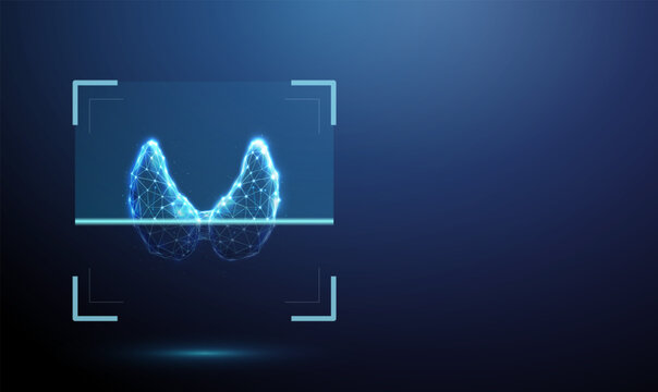3d blue human thyroid gland inside digital scanning frame. Endocrine examination, gland function analysis, nodule detection, hormone regulation assessment, endocrine system evaluation concept