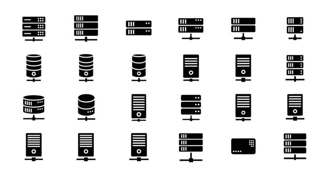 Server Racks and Data Storage Icons: Technology and Network Infrastructure Collection