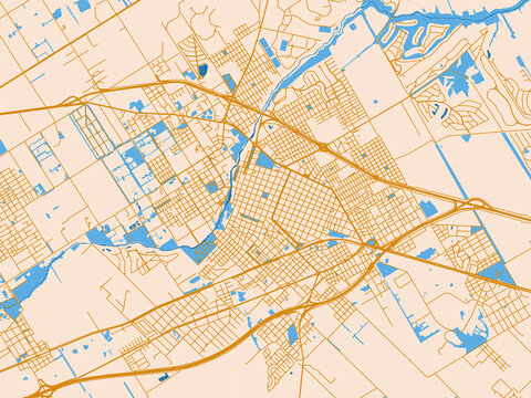City map of Lujan, Argentina &mdash; soft ivory map base with ochre-gold streets and clear blue water shapes for crisp contrast