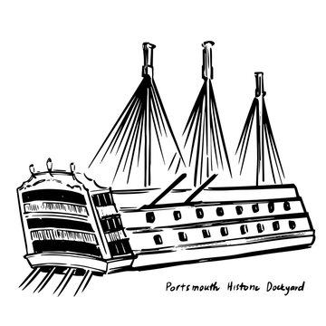 Portsmouth Historic Dockyard ink illustration, hand drawn maritime landmark with ships and harbor in Portsmouth UK, line art sketch for travel design, map, guide, print, and nautical themes