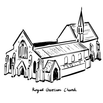 Royal Garrison Church Portsmouth ink illustration, hand drawn historic ruin landmark in Portsmouth UK, line art architectural sketch for travel design, print, map, and heritage projects