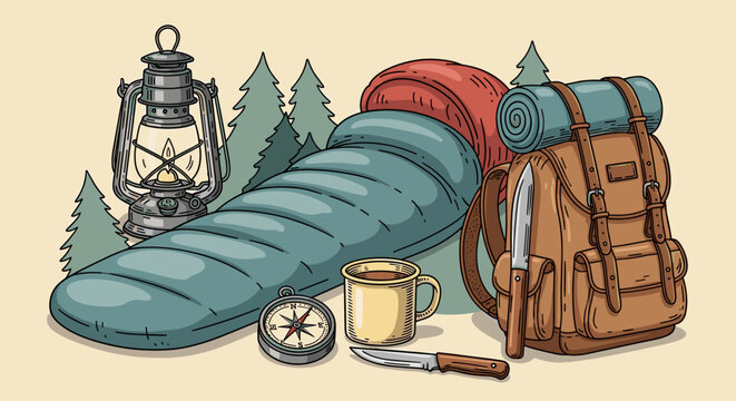 Illustration of camping gear including a sleeping bag, backpack, lantern, and compass