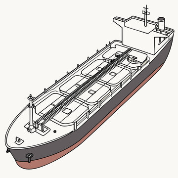 Detailed illustration of a large cargo ship with a red and gray hull and white deck