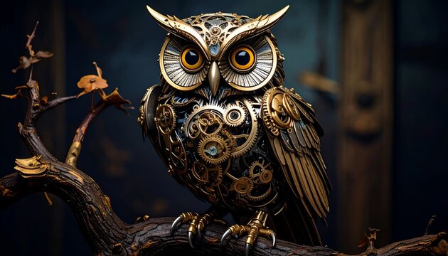Artistic steampunk mechanical owl sculpture featuring intricate metal gears cogs and industrial copper details against a dark atmospheric background