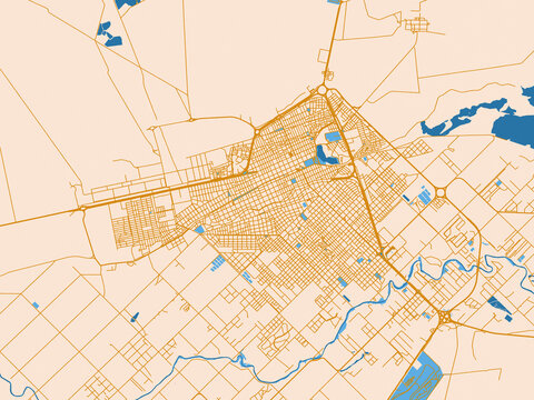 Minimal city map of Trelew, Argentina with golden linework with blue water