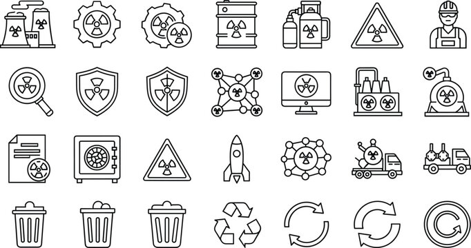 Nuclear safety and radioactive hazard outline icon set featuring radiation warning waste disposal protection editable minimal vector collection