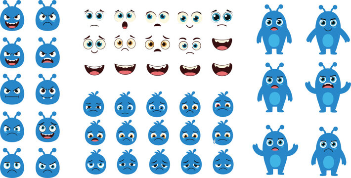 Blue cartoon monster characters with emotions set, cute alien creatures collection with different facial expressions for game design, animation and kids illustration